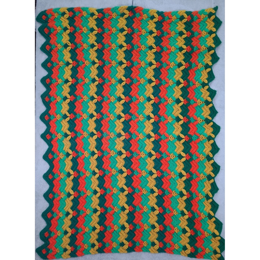Handmade Crochet Chevron Throw Blanket Green Orange Yellow Rasta 42X58 Retro 70s